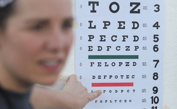 Young woman pointing a line on an eye chart